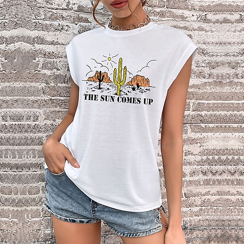 

Mujer Camiseta sin mangas Blanco Graphic Letra Estampado Sin Mangas Diario Fin de semana Ropa de calle Casual Escote Redondo Regular Flor S