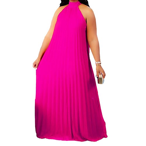 

Women's Plus Size Curve Shift Dress Solid Color Halter Neck Ruched Sleeveless Spring Summer Basic Maxi long Dress Causal Daily Dress