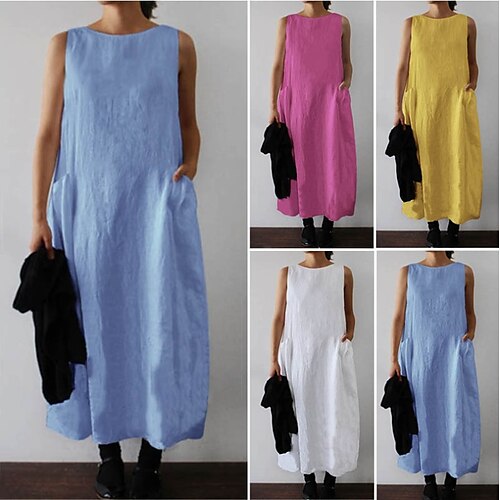 

Women's Pajamas Nightgown Nighty Pjs Pure Color Comfort Home Daily Cotton And Linen Crew Neck Sleeveless Pocket Spring Summer Yellow Fuchsia