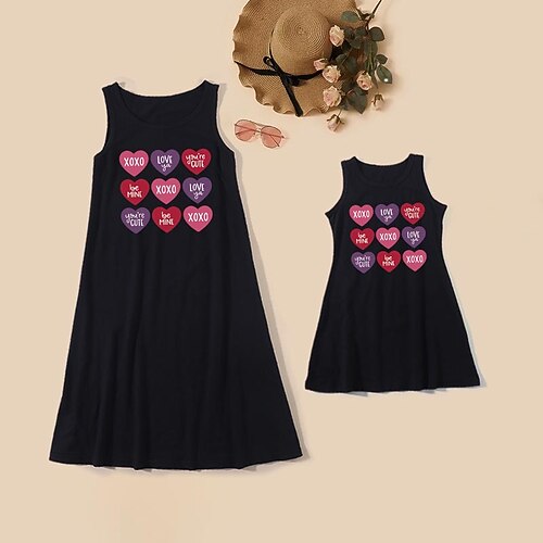 

Mommy and Me Valentines Dresses Heart Letter Daily Print Black Sleeveless Knee-length Tank Dress Casual Matching Outfits