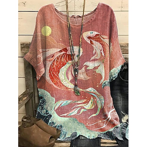 

Women's Blouse Shirt Red Fish Print 3/4 Length Sleeve Daily Weekend Streetwear Casual Round Neck Regular S / 3D Print