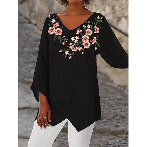 

Women's Shirt Black Floral Asymmetric Print Long Sleeve Holiday Weekend Casual Beach V Neck Long Floral S