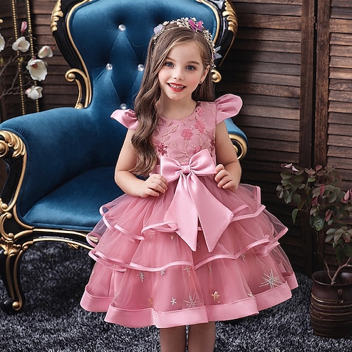 

Bambino Da ragazza Vestito Fiocco di neve Abito in tulle Medio Vestito Brillanti Manica corta stile sveglio Vestito 3-10 anni Autunno Verde Giallo Vino