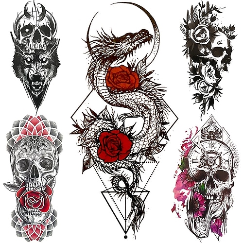 

5 pcs 3D Skeleton Fake Temporary Tattoo For Women Men Death skull Dragon Tattoos Geometric Rose Creative Waterproof Tatoos Chest Waist