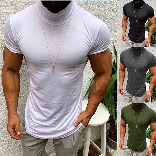 

Homens Camiseta Tecido Gola Alta Casual Esportes Manga Curta Roupa Algodão Moda Casual Respirável