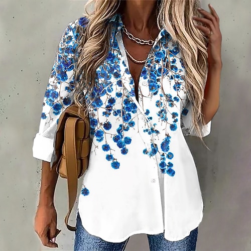 

Women's Blouse Shirt Green Blue Fuchsia Floral Button Print Long Sleeve Daily Weekend Streetwear Casual Shirt Collar Regular Floral S