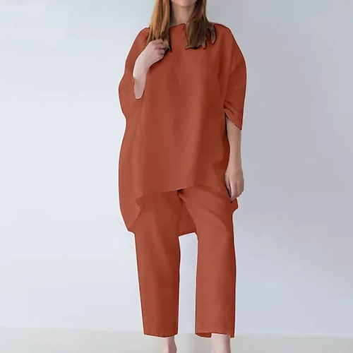 

Femme Grande taille Hauts Ensemble grande taille Plein Ruché Demi Manches Col Rond Vêtement de rue du quotidien Rentrée scolaire Lin Automne Printemps Blanche Noir / Grande Taille / Grande Taille