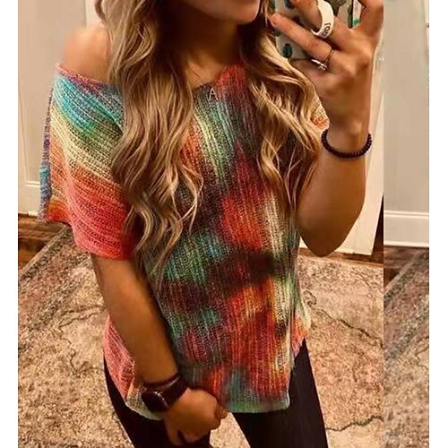 

Women's Tie Dye Holiday Weekend Blouse Shirt Short Sleeve Backless Print Round Neck Casual Streetwear Tops Red S / 3D Print
