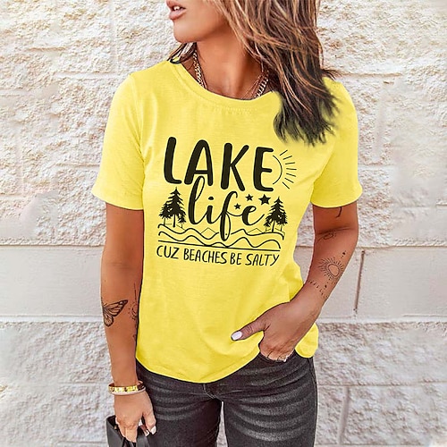 

Women's Casual Weekend Floral Painting T shirt Tee Graphic Patterned Text Short Sleeve Print Round Neck Basic Tops Green White Black S