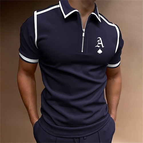 

Men's Collar Polo Shirt Golf Shirt Quarter Zip Polo Letter Turndown Navy Blue Street Casual Short Sleeve Zipper Clothing Apparel Fashion Casual Comfortable / Beach