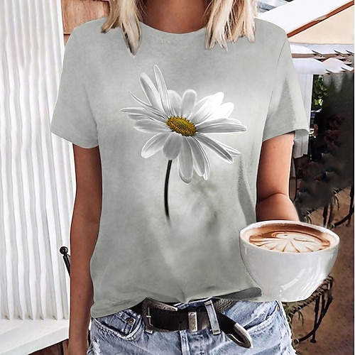 

Women's T shirt Tee Black Gray Floral Print Short Sleeve Casual Holiday Basic Round Neck Regular Floral Painting S