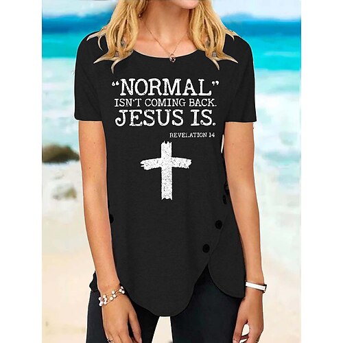 

Women's T shirt Tee Green Blue Purple Text Print Short Sleeve Daily Weekend Basic Round Neck Regular Religious Painting S