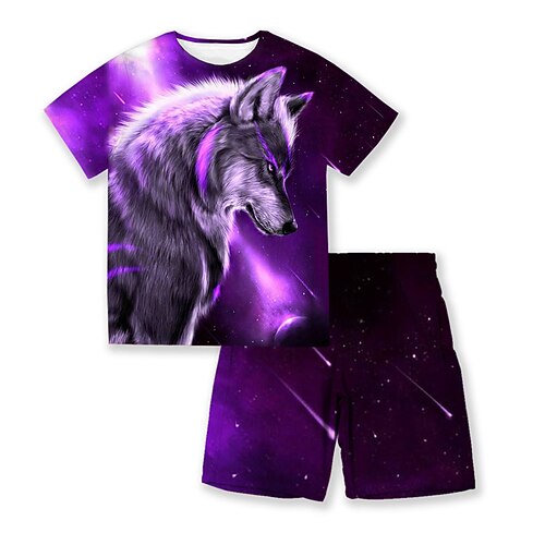 

Kids Boys T-shirt Shorts Clothing Set 2 Pieces Short Sleeve Purple Wolf Animal Crewneck Print Street Sports Vacation Fashion Comfort Cool Daily 3-13 Years