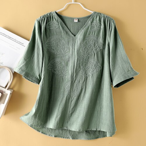 

Women's Plus Size Curve Tops Blouse Shirt Floral Embroidered Half Sleeve V Neck Basic Streetwear Daily Vacation Cotton Spring Summer Green White
