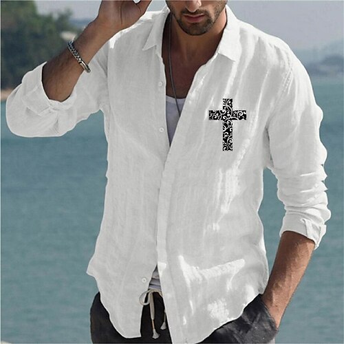 

Men's Shirt Graphic Cross Turndown Light Blue White Black Hot Stamping Outdoor Street Long Sleeve Button-Down Print Clothing Apparel Cotton Fashion Designer Casual Big and Tall / Summer / Spring