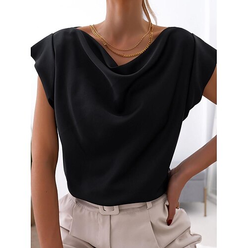 

Women's Summer Solid Color Simple Short-Sleeved Swing Collar Ladies Shirt Top