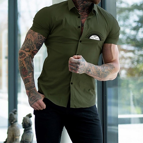 

Men's Shirt Solid Color Sun Turndown Christmas Party Button-Down Short Sleeve Tops Casual Slim Fit Green White Black / Summer