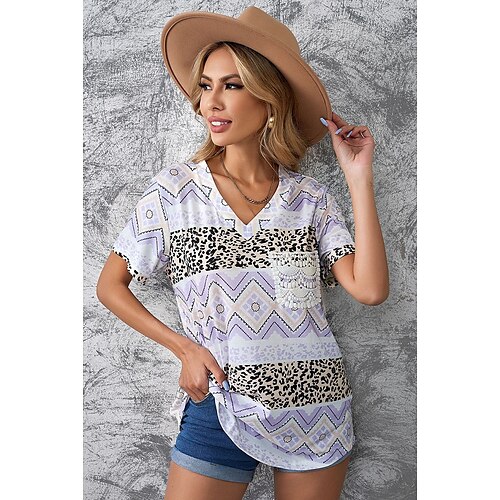 

Women's Leopard Casual Weekend Painting T shirt Tee Short Sleeve Print V Neck Basic Essential Tops Green Purple S / 3D Print