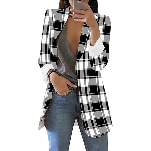 

Women's Blazer Outdoor Street Daily Spring Summer Regular Coat Regular Fit Breathable Streetwear Elegant Jacket Long Sleeve Plaid / Check Gradual Print Light Blue White Blue