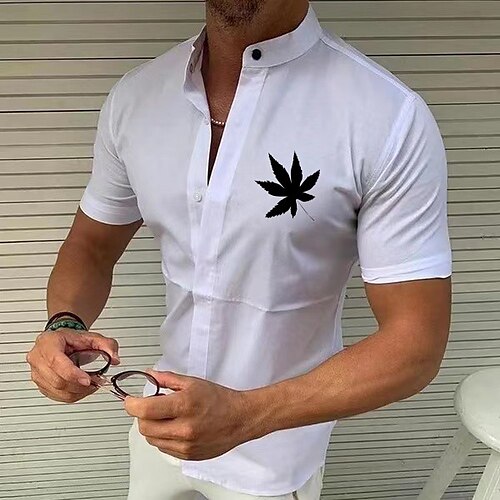 

Men's Shirt Solid Color Leaves Standing Collar Street Casual Button-Down Half Sleeve Tops Designer Casual Fashion Breathable A B White / Summer