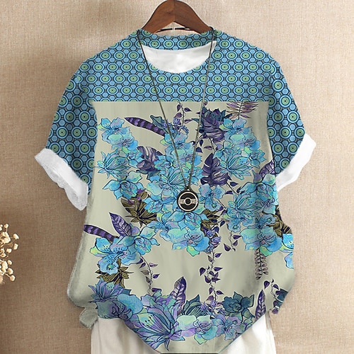 

Women's Plus Size Tops T shirt Tee Floral Print Short Sleeve Crewneck Streetwear Daily Sports Cotton Spandex Jersey Spring Summer Blue Purple