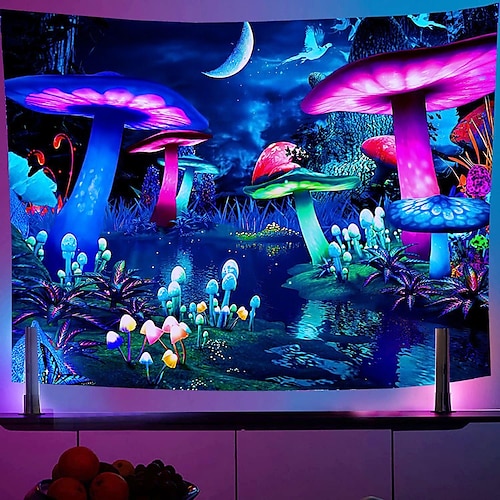 

Blacklight UV Reactive Large Tapestry Underwater World Fluorescence Psychedelic Mushroom Tapestry Black Light for Living Room College Bedroom Dorm Decor