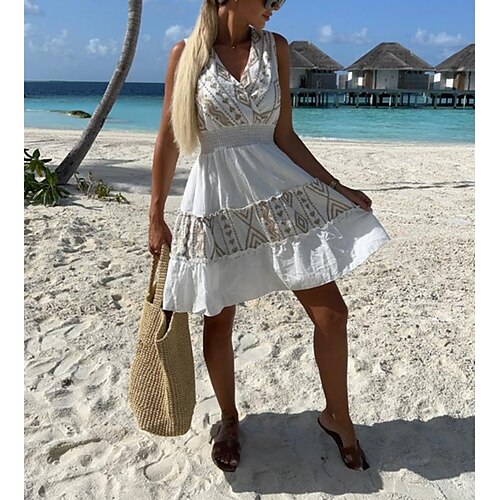 

Women's Casual Dress Mini Dress Black White Sleeveless Print Spring Summer V Neck 2022 S M L XL XXL
