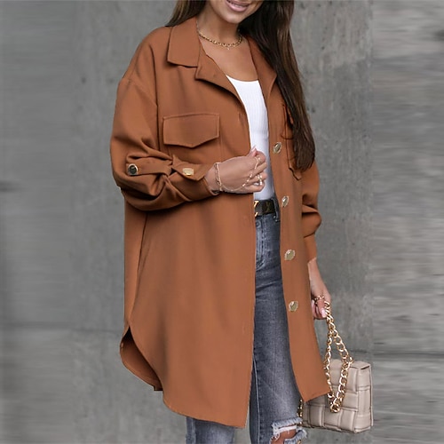 

Women's Coat Street Daily Going out Spring Summer Regular Coat Regular Fit Breathable Active Elegant Jacket Long Sleeve Solid Color Pocket Yellow Coffee