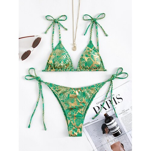 

Women's Swimwear Bikini 2 Piece Normal Swimsuit Backless Printing string Snake Skin Pattern Green V Wire Bathing Suits New Vacation Sexy / Modern / Strap