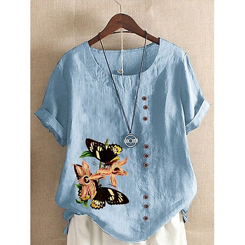 

Women's Bee Daily Holiday Weekend Shirt Short Sleeve Button Print Round Neck Tops Loose Green White Blue S