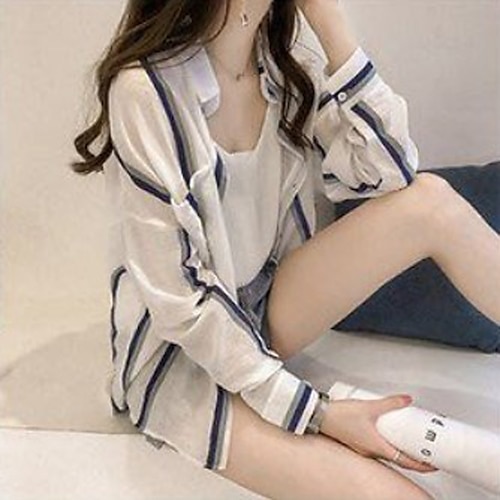 

Women's Shirt Shrugs Blue Orange Striped Button Pocket Long Sleeve Daily Weekend Streetwear Casual Shirt Collar Regular M
