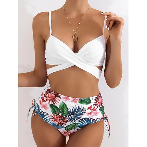 

Women's Swimwear Bikini 2 Piece Normal Swimsuit Backless Printing High Waisted fold over Hole Flower Leaves Green White Blue Rosy Pink Fuchsia V Wire Bathing Suits New Vacation Sexy / Modern / Strap