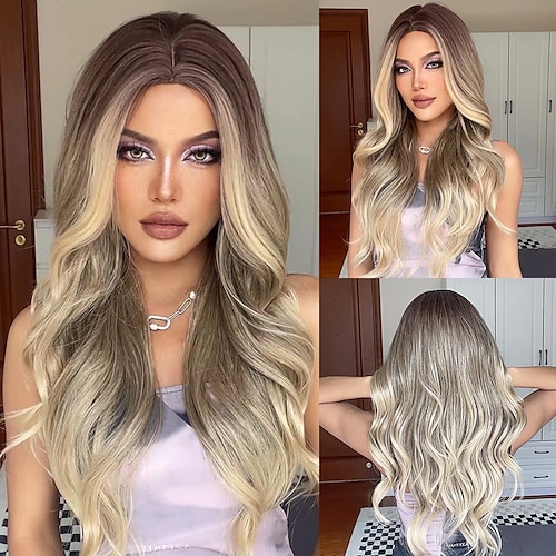 

HAIRCUBE Wigs Blonde Long Wavy Balayage Hair Middle Part Brown Black Auburn Natural Wave Synthetic Wigs For White Women