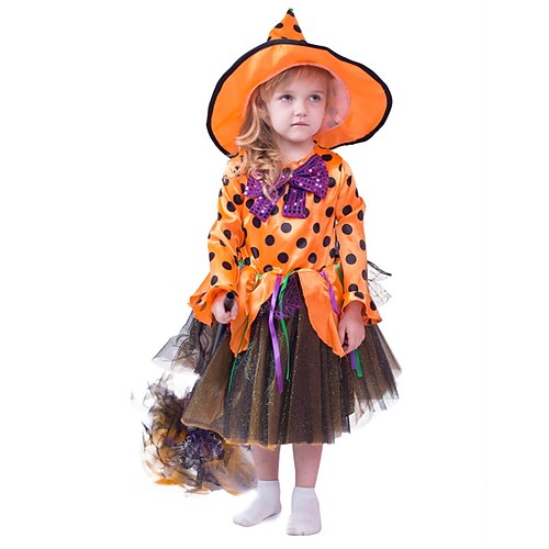 

Kids Little Girls' Dress Polka Dot A Line Dress Halloween Performance Mesh Bow Print Orange Midi Long Sleeve Princess Cute Dresses Halloween Spring Summer Regular Fit 2# 2-8 Years