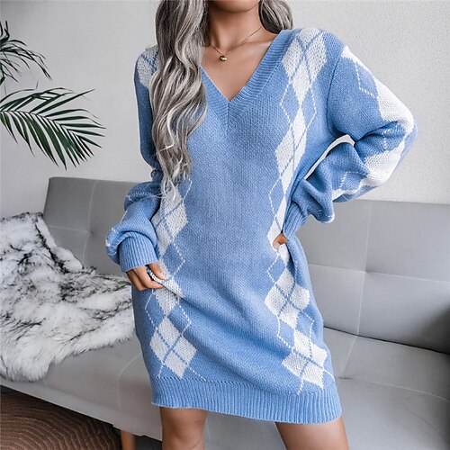 

Women's Sweater Dress Winter Dress Sheath Dress Blue White Black Long Sleeve Geometric Knit Winter Fall V Neck Stylish Elegant Modern Fit 2022 S M L Winter Dress