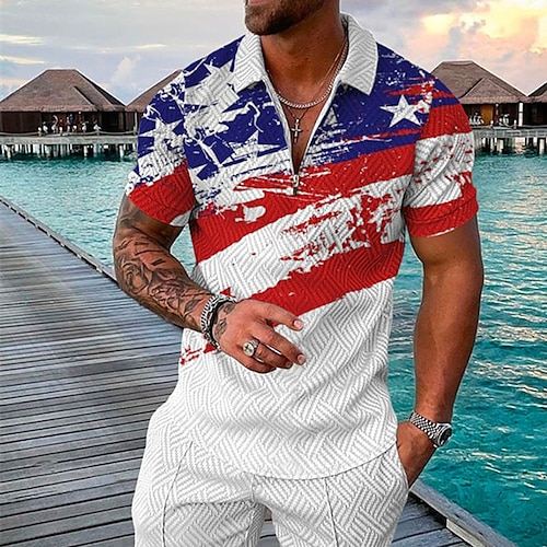

Men's Collar Polo Shirt Golf Shirt National Flag Turndown White 3D Print Street Daily Short Sleeve Zipper 3D Clothing Apparel Fashion Casual Comfortable / Beach