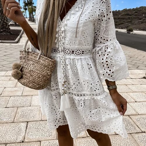 

Women's A Line Dress Short Mini Dress White Beige 3/4 Length Sleeve Pure Color Hollow Out Spring Summer V Neck Casual 2022 S M L XL XXL