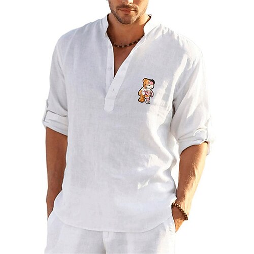 

Men's Shirt Hot Stamping Graphic Toy Bear Collar Street Casual Button-Down Print Long Sleeve Tops Designer Casual Fashion Big and Tall White Black Gray / Summer