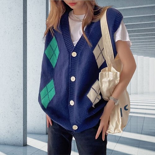 

Women's Cardigan Sweater Jumper Knit Tunic Knitted Geometric V Neck Stylish Casual Home Daily Fall Winter Blue Gray One-Size / Sleeveless / Holiday / Regular Fit / Sleeveless