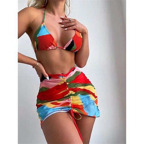

Women's Swimwear Bikini Three Piece Normal Swimsuit Open Back Printing string Gradient Color Rainbow Halter V Wire Bathing Suits Sexy Vacation Fashion / Modern / New