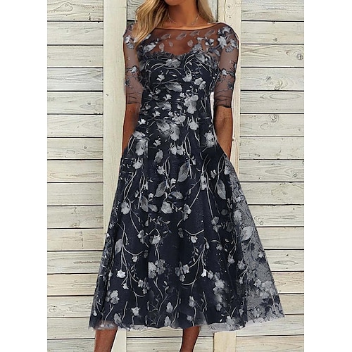 

Women's Party Dress Midi Dress Green Black Blue Half Sleeve Floral Mesh Fall Spring Autumn Crew Neck 2022 S M L XL XXL