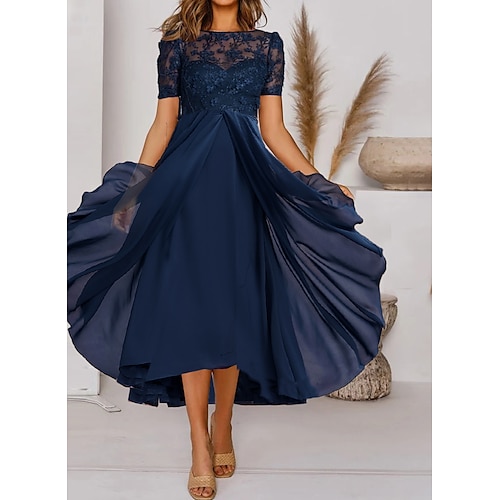 

Women's Semi Formal Party Dress Lace Dress Midi Dress Black gray Green Navy Blue Short Sleeve Floral Pure Color Ruched Fall Spring Crew Neck Elegant Classic Wedding Guest 2023 S M L XL XXL 3XL