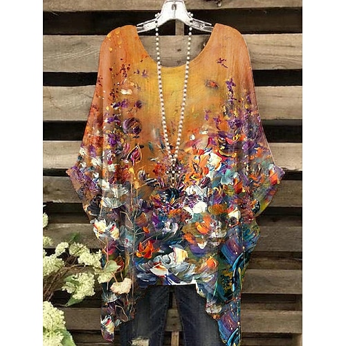 

Women's T shirt Tee Shirt Orange Floral Asymmetric Print 3/4 Length Sleeve Holiday Beach Casual Beach Round Neck Long Floral S / 3D Print