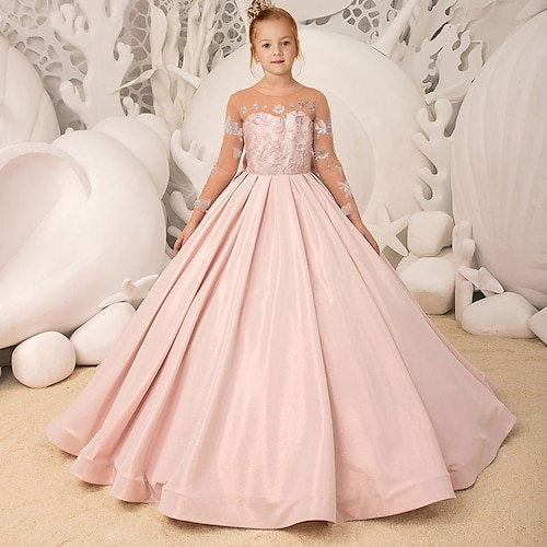 

Party Event / Party Princess Flower Girl Dresses Jewel Neck Floor Length Satin Tulle Winter Fall with Bow(s) Appliques Cute Girls' Party Dress Fit 3-16 Years