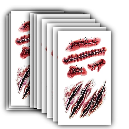 

10pcs Horror Realistic Fake Bloody Wound Stitch Scar Scab Waterproof Temporary Tattoo Sticker Halloween Masquerade Prank Makeup Props