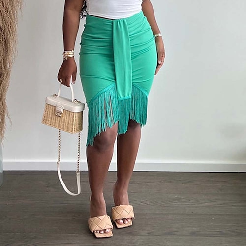 

Women's Skirt Bodycon Midi Polyester Green Skirts Summer Tassel Fringe Ruched Fashion Summer Vacation Casual Daily S M L