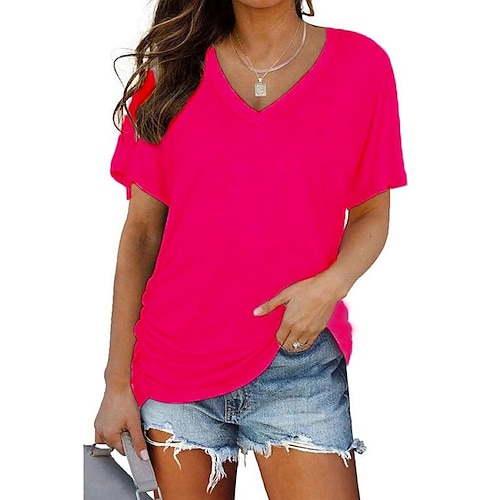 

2022 summer and europe beauty tops cross-border ebay amazon wish popular v-neck solid color short sleeve t-shirts women's
