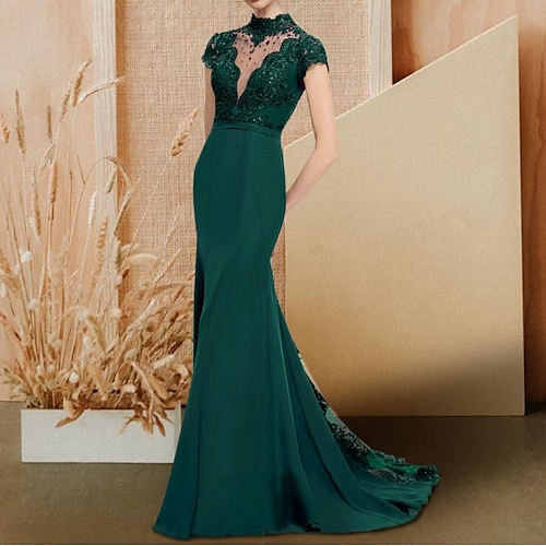 

Mermaid / Trumpet Mother of the Bride Dress Luxurious Elegant High Neck Sweep / Brush Train Chiffon Lace Short Sleeve with Sequin 2022