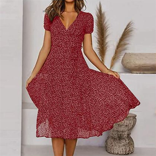 

Women's Casual Dress Swing Dress Floral Dress Midi Dress Black Wine Red Short Sleeve Floral Ruffle Spring Summer V Neck Casual Weekend Loose Fit 2023 S M L XL XXL 3XL