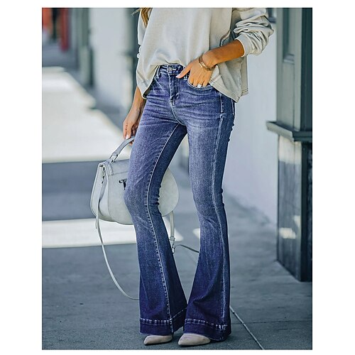 

Women's Flare Pants Trousers Jeans Bell Bottom Denim Blue Light Blue Mid Waist Fashion Casual Weekend Side Pockets Micro-elastic Full Length Comfort Plain S M L XL XXL